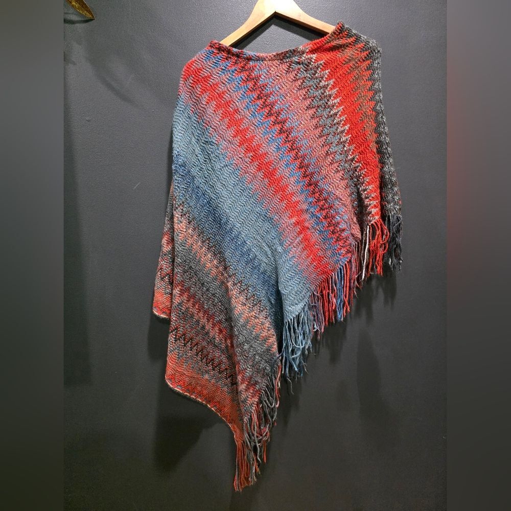 Colorful Chevron Poncho Arylic Asymmetrical Hem Fringe Charlotte Daniel OS